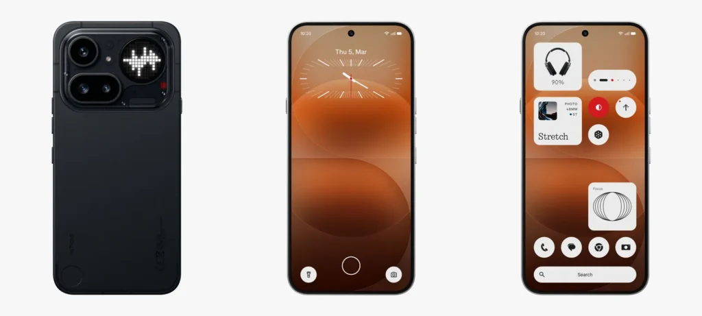 Nothing Phone (4a) Pro shown in black colorway with rear transparent panel and Glyph lighting, alongside front lock screen with dot-matrix clock and customizable Nothing OS home screen featuring minimalist widgets and icons