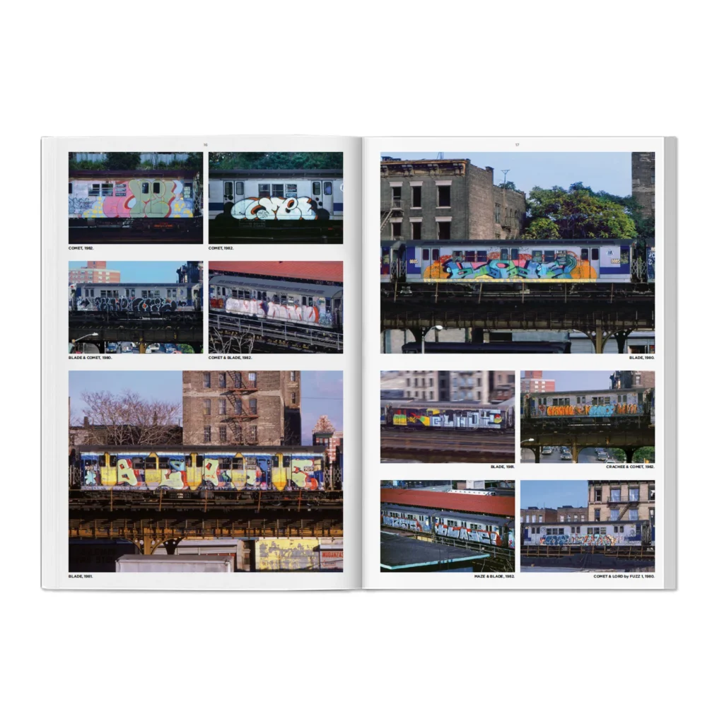 Double-page spread from Martha Cooper’s Spray Nation: The Outtakes book showing multiple photographs of graffiti-covered New York subway trains from the early 1980s
