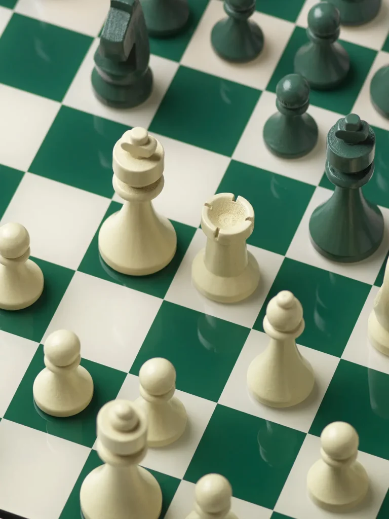 Close-up of PRINTWORKS × Rosewood chess pieces on a green and white checkered board