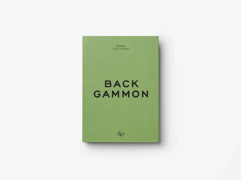 Green PRINTWORKS × Rosewood backgammon box from the Signature Game Collection with minimalist typography