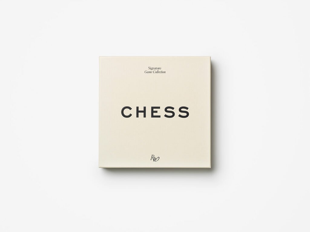 Minimalist PRINTWORKS × Rosewood chess game box from the Signature Game Collection in cream packaging