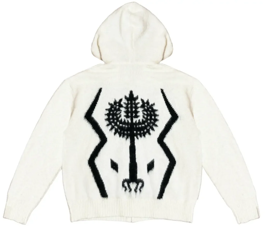 Back view of white Sacred Tree mohair zip hoodie featuring a large black Sacred Tree graphic motif centered across the back in a textured knit design