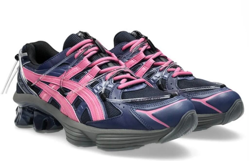 Pink and navy YOASOBI x ASICS GEL-Kinetic Fluent sneaker featuring mesh upper, Scutoid GEL cushioning, and technical running design