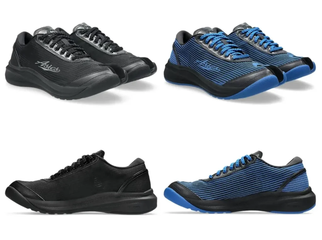 Kiko Kostadinov × ASICS Ilargi FF sneakers shown in Carbon black and Electric Blue colorways, highlighting the distinctive split-toe design inspired by traditional Japanese tabi footwear