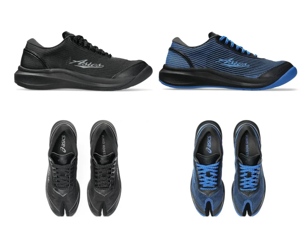 Multiple views of the Kiko Kostadinov × ASICS Ilargi FF sneakers in Carbon black and Electric Blue colorways, showcasing the split-toe tabi-inspired design and lightweight performance construction