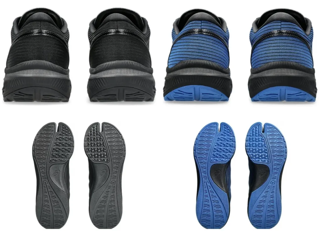 Rear and outsole views of the Kiko Kostadinov × ASICS Ilargi FF sneakers in Carbon black and Electric Blue colorways, highlighting the split-toe tabi-inspired sole construction and traction pattern