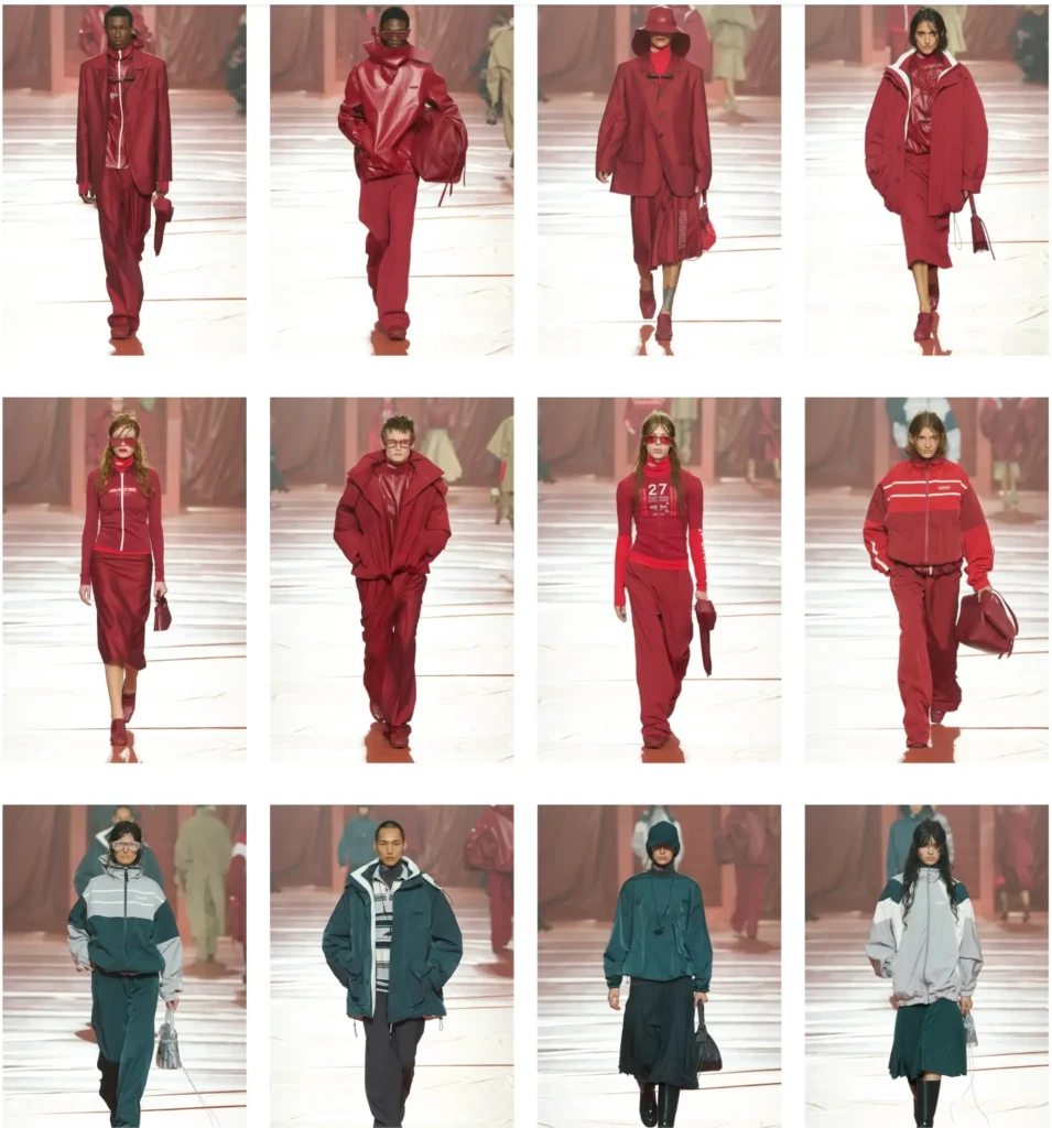 Lacoste FW26 minimalist oversized beige coat look styled with glasses and relaxed tailoring at Paris Fashion Week