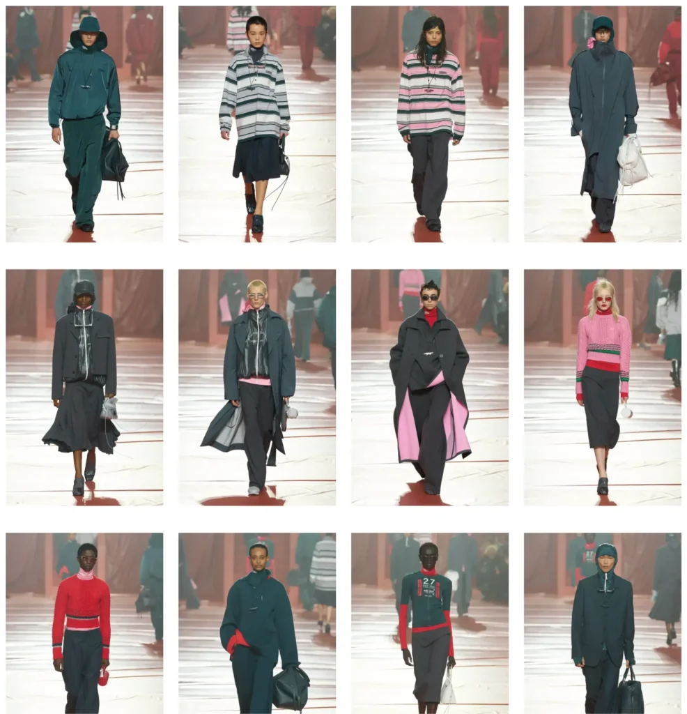 Lacoste FW26 teal hooded sports set with wide trousers on Paris Fashion Week runway.