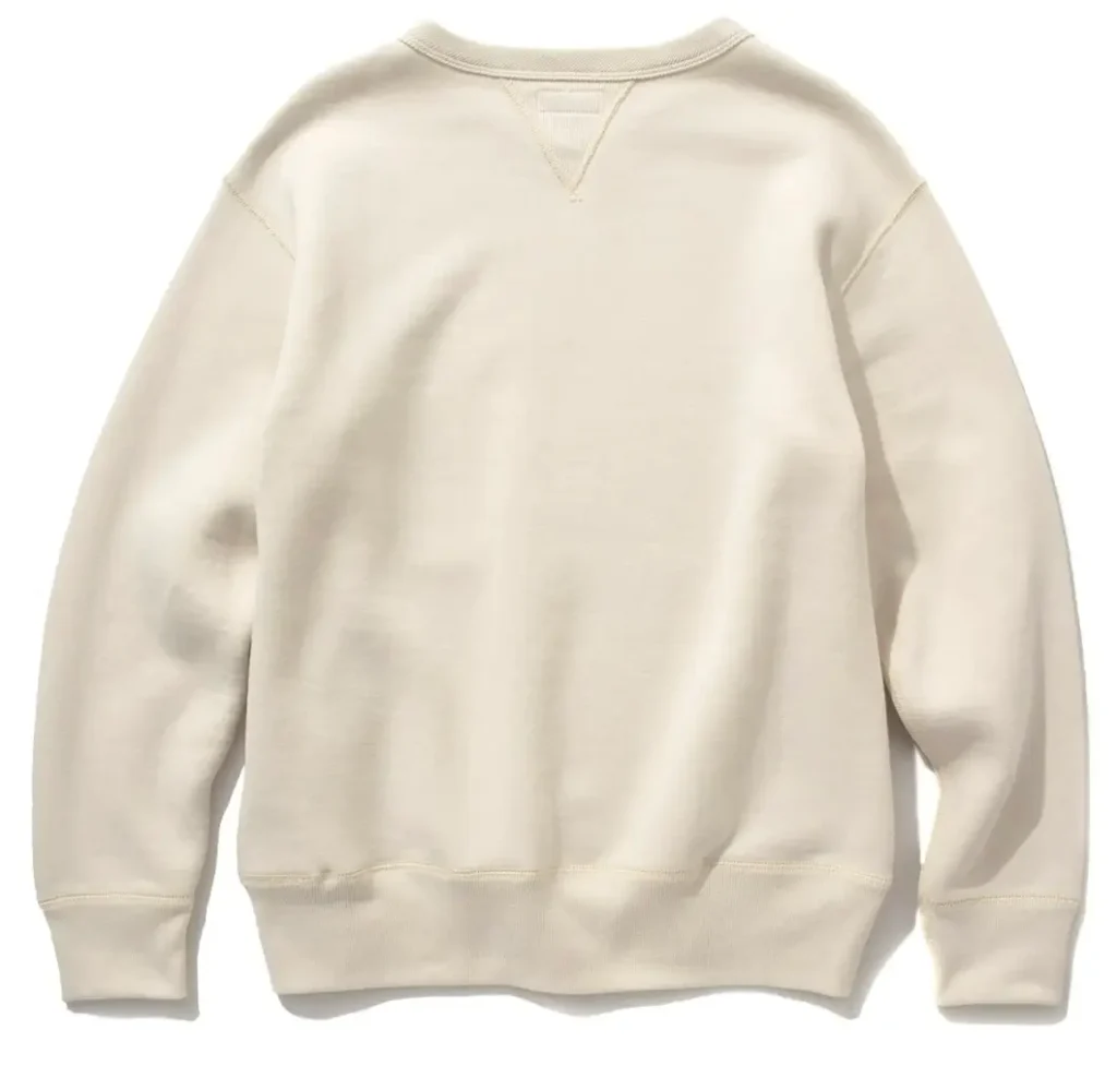 Back view of The Real McCoy’s loopwheel sweatshirt in natural cotton fleece with classic crewneck silhouette