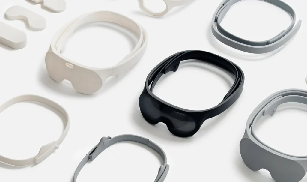 Arrangement of multiple minimalist neuro-responsive headset prototypes in black, white, and grey finishes, showcasing variations of the dual-loop design and integrated visor for EEG sensing and adaptive augmented reality