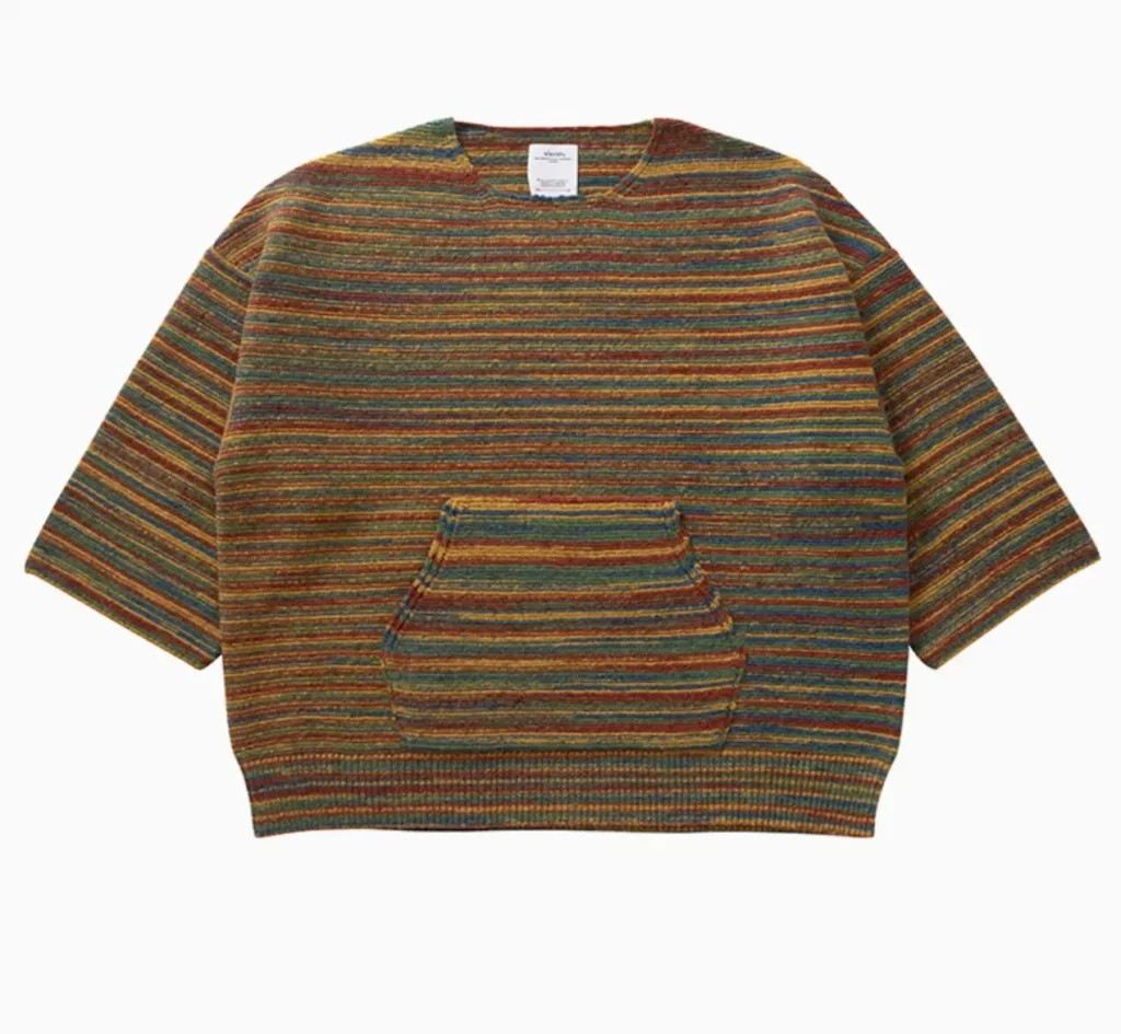 Visvim Burrow Crew Knit featuring horizontal multicolor stripe pattern with earthy tones, short sleeves, and a front pouch pocket