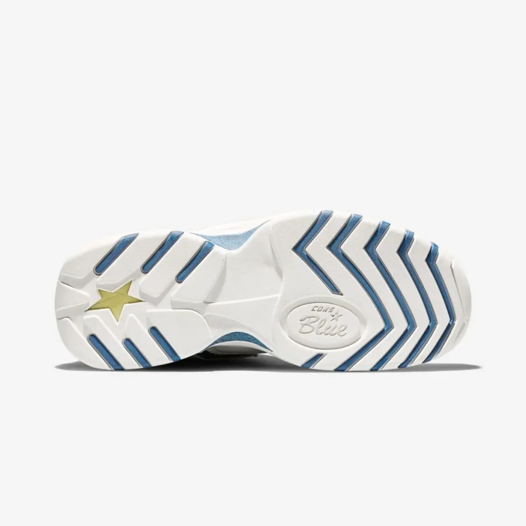 Outsole view of the Converse CONS Mid “Kentucky Denim” sneaker showing white rubber tread with blue traction accents, CONS Blue branding, and star detail
