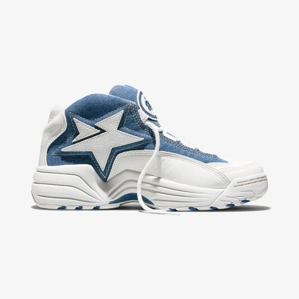 Side profile of the Converse CONS Mid “Kentucky Denim” sneaker in Federal Blue and Vintage White featuring denim panels, white leather overlays, and the signature star-chevron logo