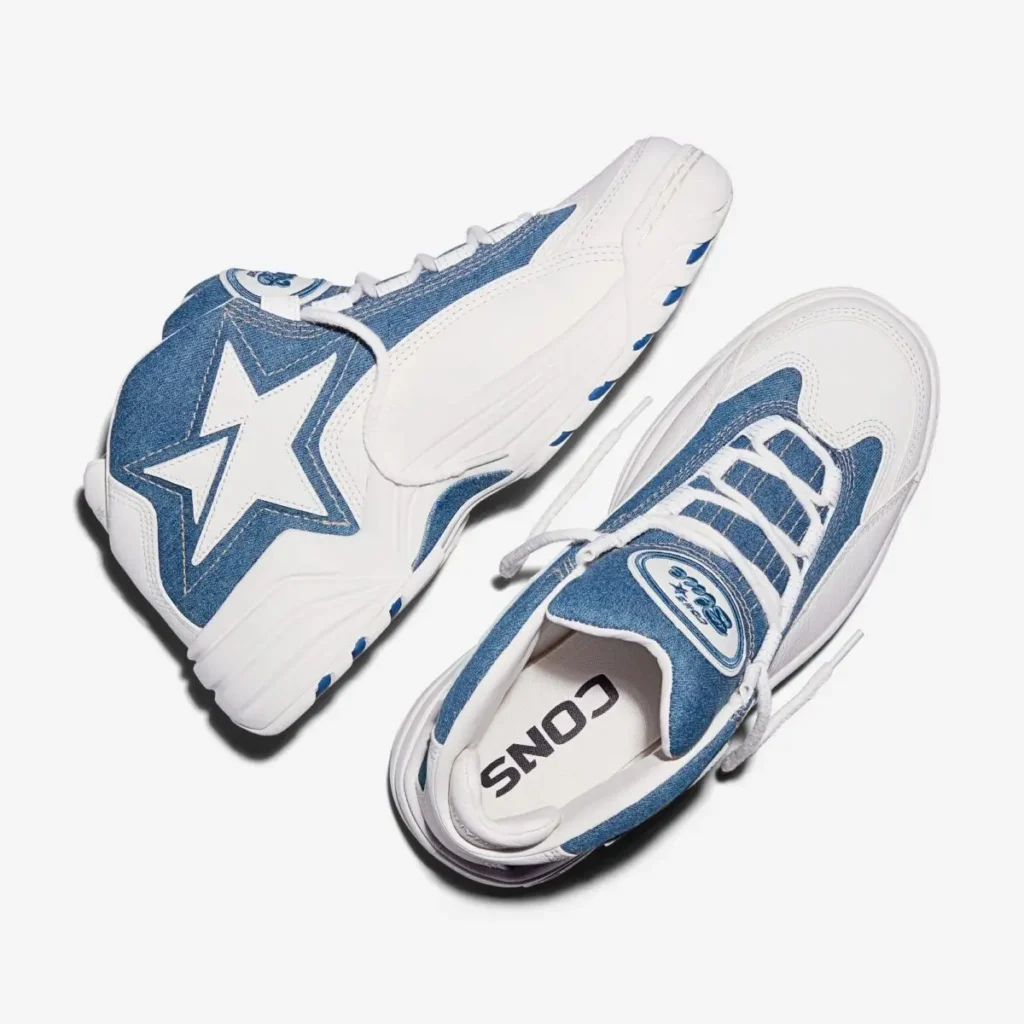 op-down view of Converse CONS Mid “Kentucky Denim” sneakers showing blue denim uppers, white leather panels, star-chevron logos, and CONS Blue tongue branding