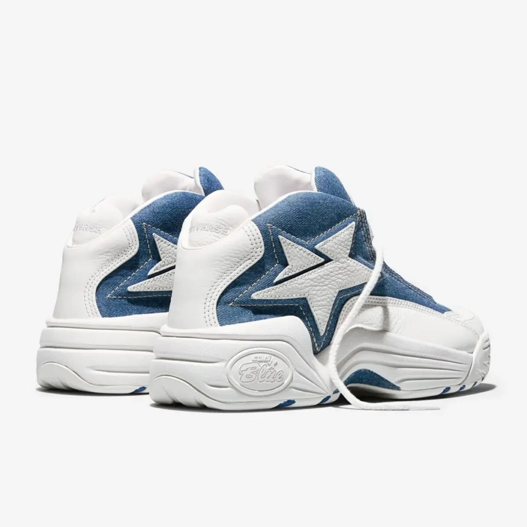 Converse CONS Mid “Kentucky Denim” sneakers in Federal Blue and Vintage White with denim panels, white leather overlays, and star-chevron logo viewed from the rear angle