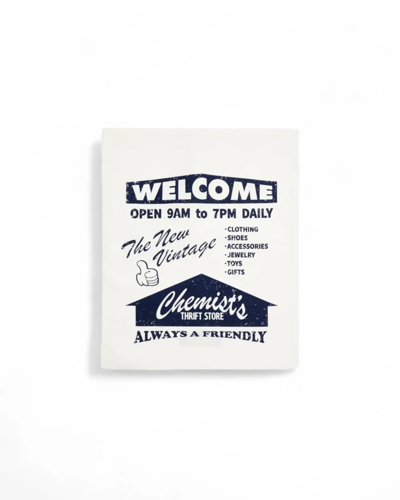 Chemist’s® Thrift Store graphic print featuring “Welcome – Open 9AM to 7PM Daily” text with vintage-style typography and Chemist Creations thrift shop logo on cream packaging insert