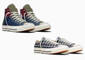 Comparison image showing two pairs of Converse Chuck 70 sneakers: upper left features a high-top in color-blocked canvas with red, blue, and olive panels, cream laces, and off-white vintage-style midsoles; bottom right displays a low-top in navy, green, and white plaid canvas with matching cream laces, gum outsole, and classic Chuck 70 construction, highlighting contrasting approaches to material and pattern within the same silhouette