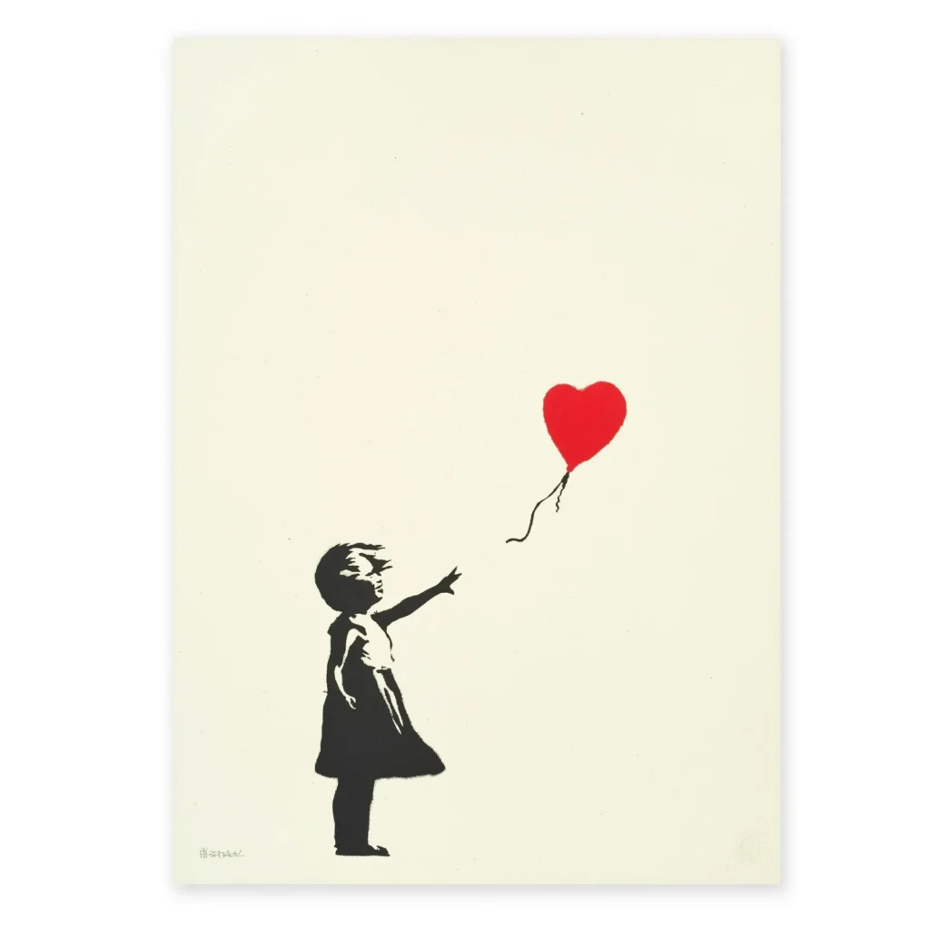 Banksy Girl With Balloon (2004) screenprint depicting a young girl in a black stencil silhouette reaching toward a floating red heart-shaped balloon against a minimalist white background