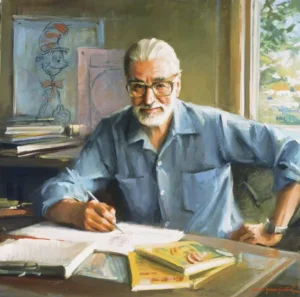 Painted portrait of an older man with white hair and a neatly trimmed beard sitting at a desk, sketching on paper. He wears glasses and a blue button-down shirt, surrounded by open books, with a drawing of the Cat in the Hat visible on a board behind him and sunlight streaming through a nearby window