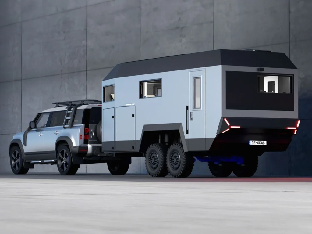 GEHOcab EDGE Explorer Trail tandem axle expedition trailer hitched to off-road SUV with angular brutalist silver and black design