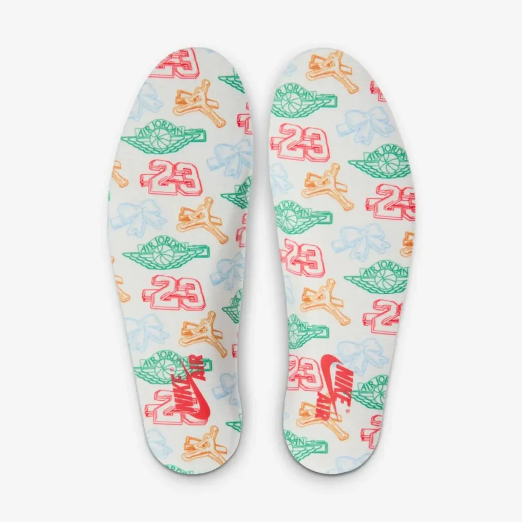 Graphic insoles of the Air Jordan 1 High OG WMNS “Psychic Blue” featuring multicolor Nike Air, Jumpman, Wings logos, and number 23 patterns