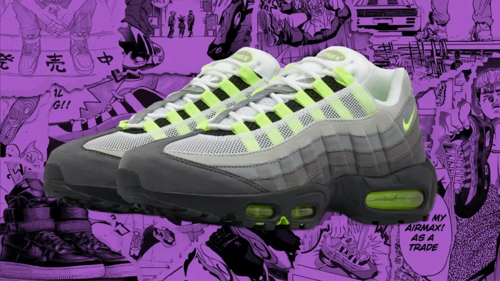 Pair of Nike Air Max 95 sneakers in grey with neon green accents, shown in a studio-style composition against a purple illustrated collage background featuring comic-style graphics and streetwear motifs