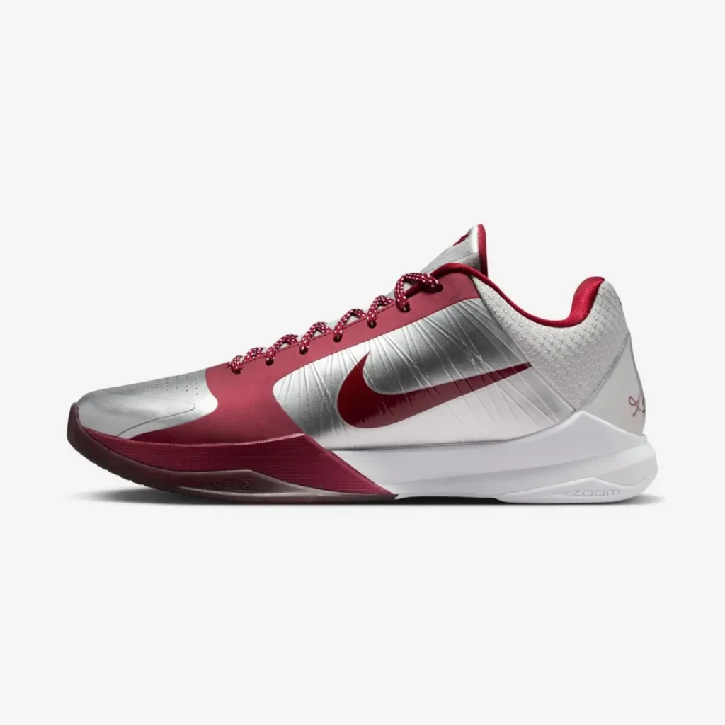 Side profile of the Nike Kobe 5 Protro “Lower Merion Aces” in metallic silver, white, and team red with red Swoosh honoring Kobe Bryant