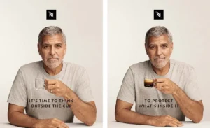 George Clooney holding a Nespresso espresso cup in minimalist campaign image emphasizing sustainability message “think outside the cup”
