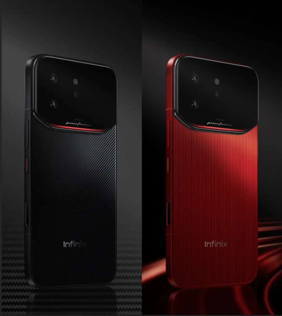 Two Infinix Note 60 Ultra smartphones designed in collaboration with Pininfarina are shown side by side. The left device features a matte black finish with a carbon-fiber-style textured back, while the right device appears in a bold metallic red with vertical ribbed detailing. Both phones have a large, rectangular camera module at the top with rounded corners, housing multiple lenses and sensors, accented by a subtle red highlight line beneath the module. The “Designed by Pininfarina” branding is visible below the camera, and the Infinix logo is positioned toward the lower back. The lighting emphasizes the sculpted surfaces and automotive-inspired design cues, evoking speed and precision
