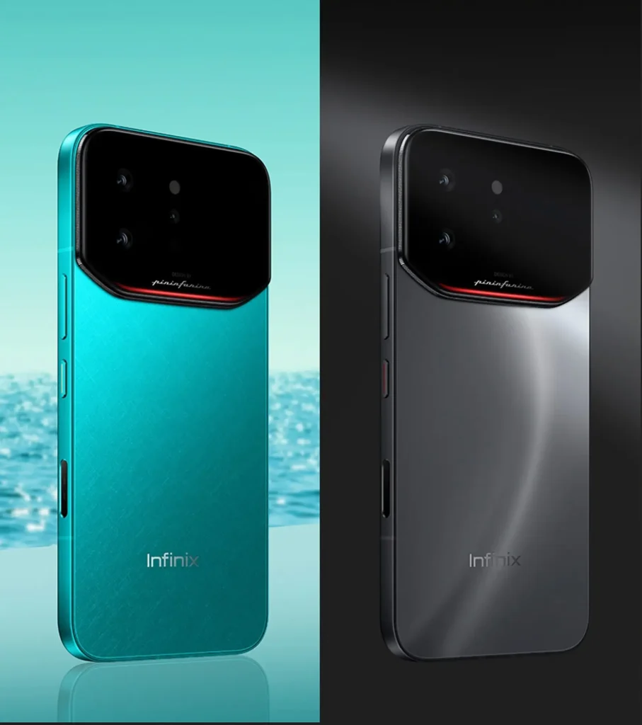 Two Infinix Note 60 Ultra smartphones designed with Pininfarina are displayed side by side in contrasting finishes. The left device features a turquoise satin-textured back panel set against a bright ocean-like background, while the right device appears in a sleek graphite grey with a smooth, reflective surface against a dark backdrop. Both phones have a large, rounded rectangular camera module at the top with multiple lenses and sensors, highlighted by a thin red accent line and subtle “Designed by Pininfarina” branding. The Infinix logo is centered toward the lower back of each device, with lighting emphasizing the refined curves and automotive-inspired detailing