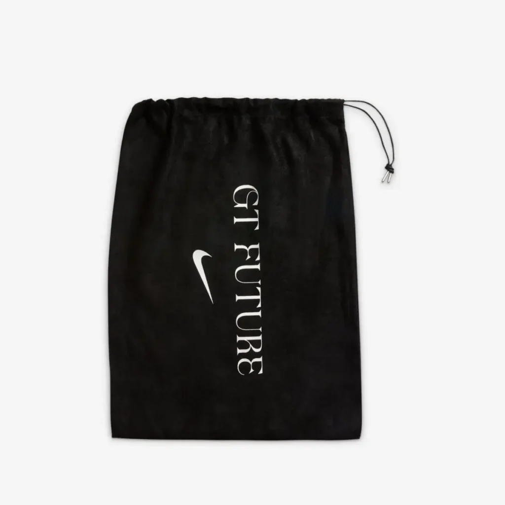 Black Nike G.T. Future drawstring bag featuring a soft fabric construction, vertical “GT FUTURE” branding in white, and a minimalist Swoosh logo, with adjustable cord closure