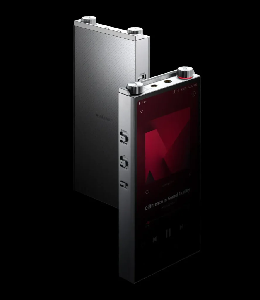 Astell&Kern PD20 ultra-compact digital audio player shown in dual perspective with front display and rear textured metal finish, featuring precision control dials, balanced audio outputs, and minimalist high-end industrial design