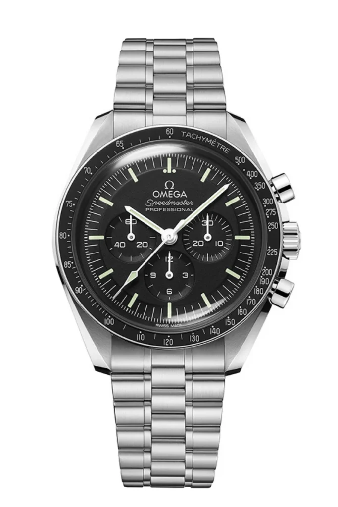 Omega Speedmaster Moonwatch Professional 42mm stainless steel chronograph watch with black dial and tachymeter bezel on steel bracelet