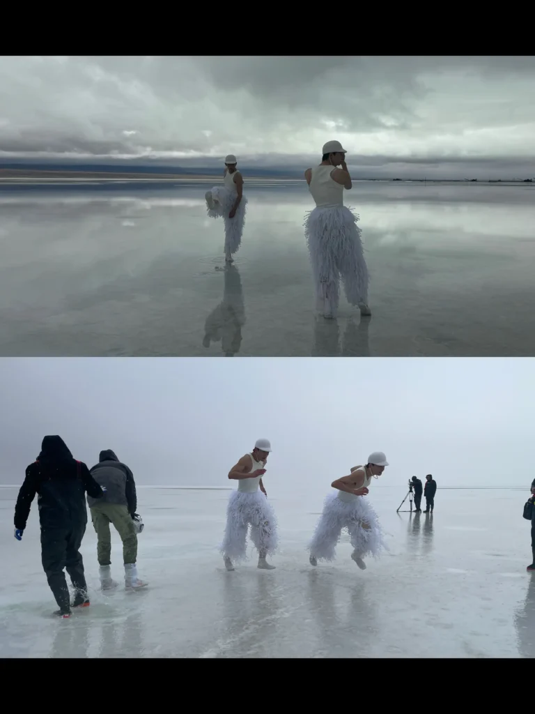 Dancers performing on a reflective salt lake during the PARCO Spring 2026 “Let Go, Let In” campaign with crew filming behind the scenes