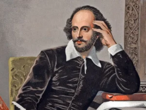 Portrait of William Shakespeare with receding hairline, mustache, and Elizabethan collar against a dark background