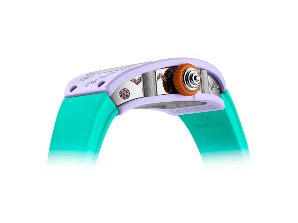 Side profile of the Richard Mille RM 07-01 coloured ceramic watch showing a lavender case, turquoise gradient rubber strap, and orange crown with visible titanium caseband and gem-set detailing