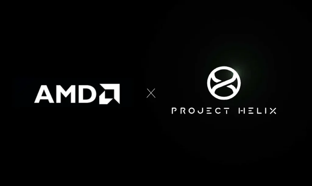 Minimalist black background featuring the AMD logo on the left and a stylized Project Helix emblem on the right, separated by a small “X” to signify collaboration, with “Project Helix” text displayed beneath the symbol in a clean, futuristic typeface