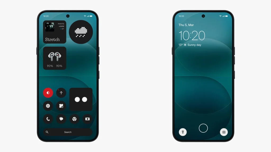 Nothing Phone (4a) Pro front display showing Nothing OS interface with dark-themed widgets, dot-matrix iconography, and customizable home screen alongside lock screen with time, date, and weather on a teal gradient background