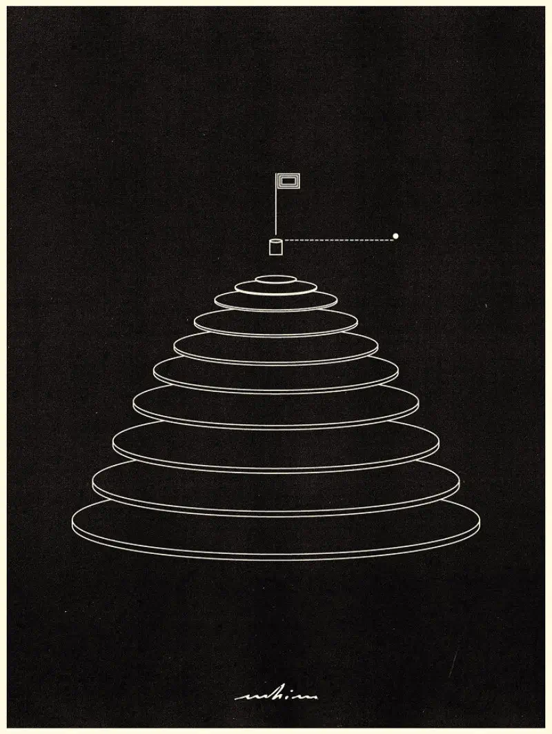 Minimalist Whim La Cupola graphic featuring concentric white circular lines forming a stepped dome shape on a black background, with small schematic diagram elements above suggesting spatial measurement and conceptual structure, reflecting the installation’s focus on perception, geometry, and controlled interaction