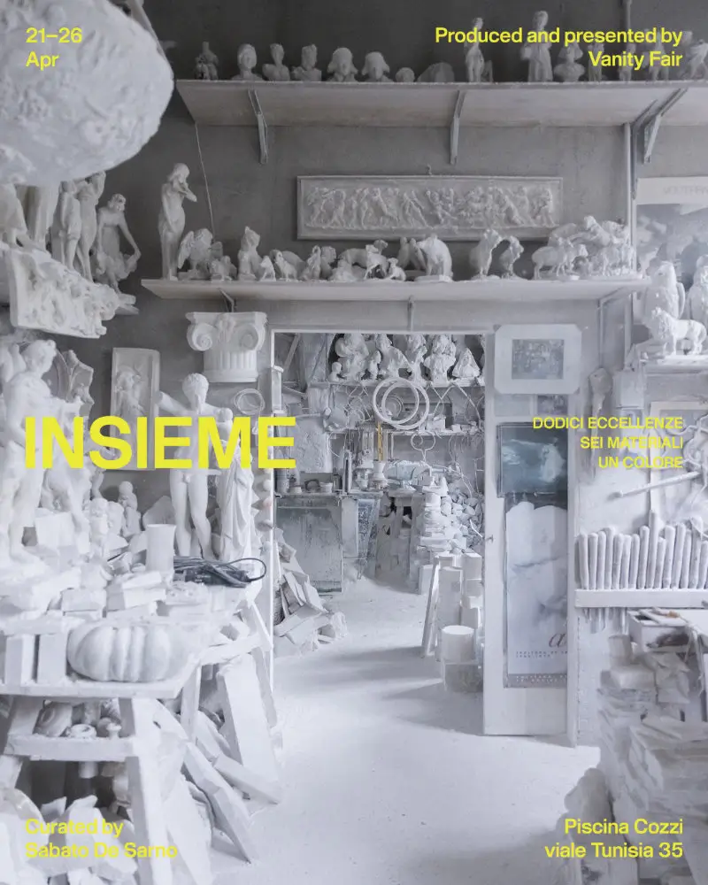INSIEME exhibition visual featuring a sculptor’s studio filled with white plaster figures, classical fragments, and artisanal tools, overlaid with bold yellow typography detailing dates, location, and curation by Sabato De Sarno, emphasizing craft, material process, and collective Italian artistry