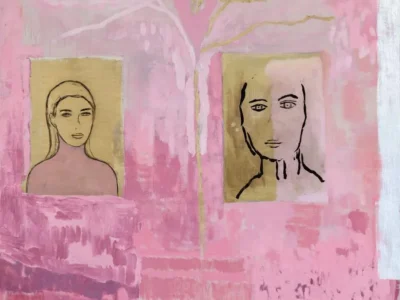 A soft-toned abstract painting dominated by layered pink hues features two minimal portrait panels side by side—one delicately rendered, the other more loosely outlined. Above them, pale botanical forms resembling magnolia branches stretch across the composition, while textured brushwork and muted blocks of color create a contemplative, dreamlike atmosphere