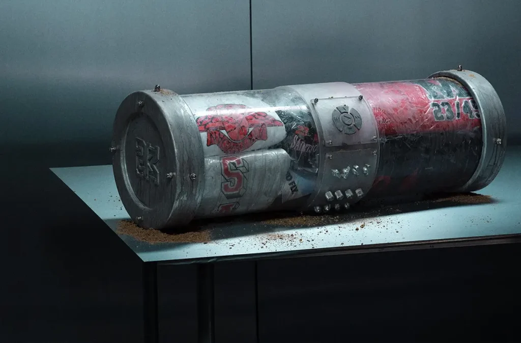 Industrial-style cylindrical display capsule containing folded SAINT Mxxxxxx x Jordan Brand garments, including visible “SAINT” lettering and “23/45” graphics, enclosed in a distressed metal chamber with bolts and glass panels, resting on a table with scattered debris against a muted grey backdrop