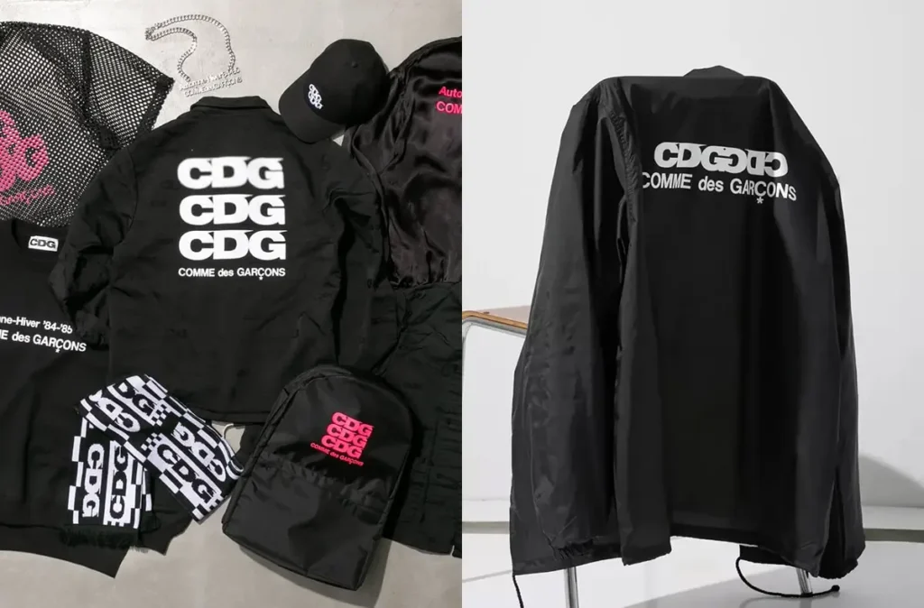 CDG outerwear and accessories laid out, featuring jackets with stacked logo prints, alongside a standalone black coach jacket with bold CDG and Comme des Garçons branding on the back