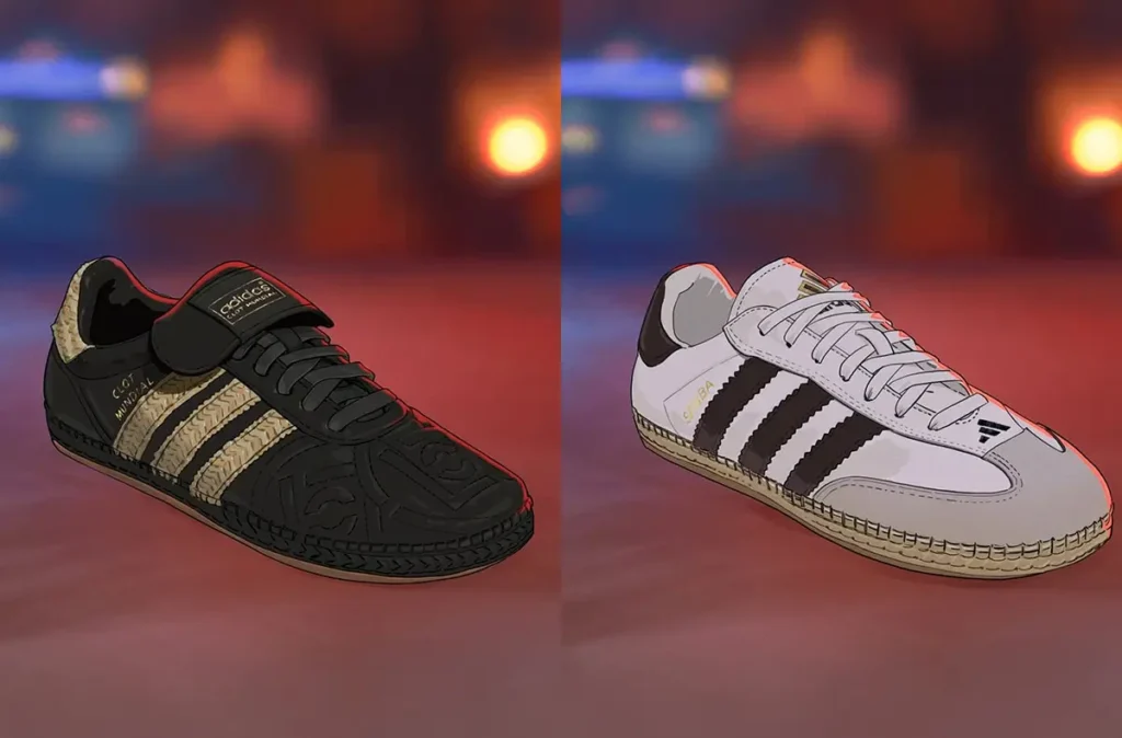 side-by-side view of adidas x CLOT Mundial in black with raffia stripes and Samba in white with black stripes, both featuring espadrille-style soles, set against a warm, blurred urban night backdrop