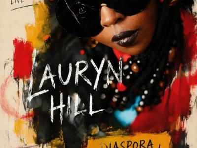 Close-up portrait-style poster of a Lauryn Hill wearing oversized black sunglasses and dark lipstick, set against a painterly background of bold red, yellow, and black brushstrokes. Handwritten-style text reads “Lauryn Hill” across the center and “Diaspora Calling!” below, with additional notes like “A curated gathering live” and “with Wyclef Jean,” giving the image a mixed-media, contemporary art flyer aesthetic
