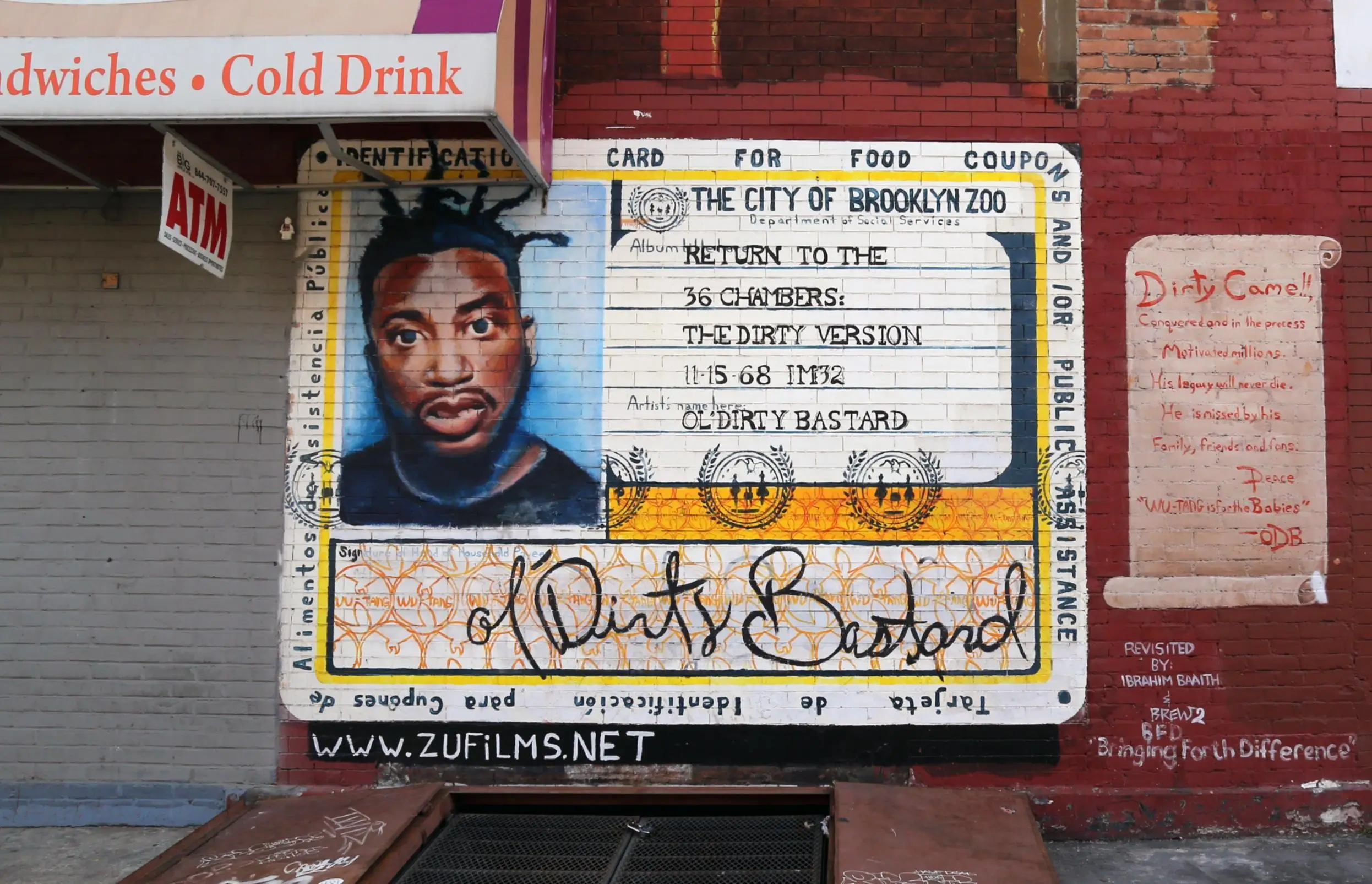Street mural featuring Ol’ Dirty Bastard styled as a welfare identification card on a brick wall, referencing Return to the 36 Chambers: The Dirty Version, with surrounding graffiti tributes, storefront signage, and urban Brooklyn streetscape elements