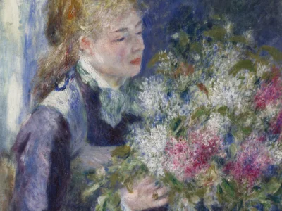 An impressionistic painting depicts a young woman in profile, gently holding a lush bouquet of flowers. Her head tilts slightly downward, her expression soft and introspective, as if absorbed in the quiet act of observing or arranging the blooms. Her hair is loosely gathered, with warm tones of gold and auburn catching the light. She wears a muted, elegant dress in shades of violet and blue, accented by a high, delicate collar that frames her neck. The bouquet—full of white, pink, and green hues—spills outward with a sense of natural abundance, rendered in loose, textured brushstrokes that blur the boundary between form and atmosphere. The background is softly layered with cool blues, lavenders, and hints of greenery, creating a dreamy, almost dissolving environment. The brushwork is visible and fluid, characteristic of an impressionist style, where light and color take precedence over sharp detail. Overall, the painting captures a quiet, intimate moment—less about precise realism and more about mood, sensation, and the fleeting beauty of both the subject and the flowers she holds