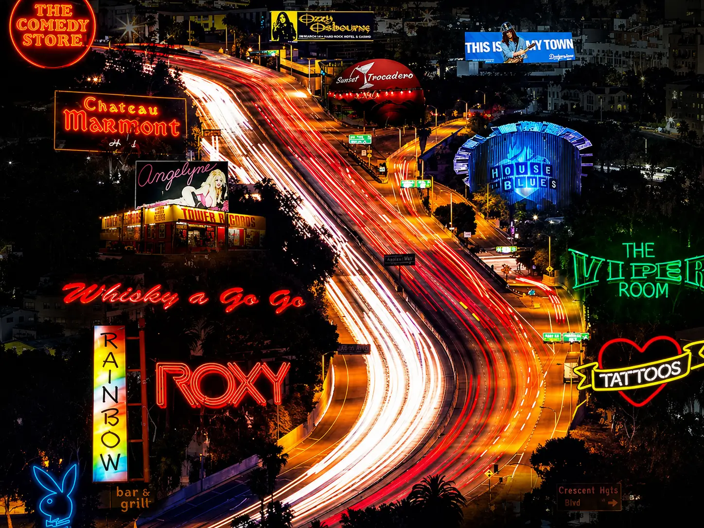 Vibrant nighttime view of the Sunset Strip with long-exposure light trails streaming along a winding boulevard, surrounded by iconic neon signs including The Comedy Store, Chateau Marmont, Whisky a Go Go, The Roxy, The Viper Room, and House of Blues. Bright billboards and glowing signage layer the hillside cityscape, capturing the electric energy and cultural legacy of Los Angeles nightlife