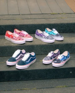 BEDWIN & THE HEARTBREAKERS x OTW by Vans bandana sneakers arranged on concrete steps, featuring Authentic and Old Skool styles in red, purple, teal, navy, and blue paisley patterns