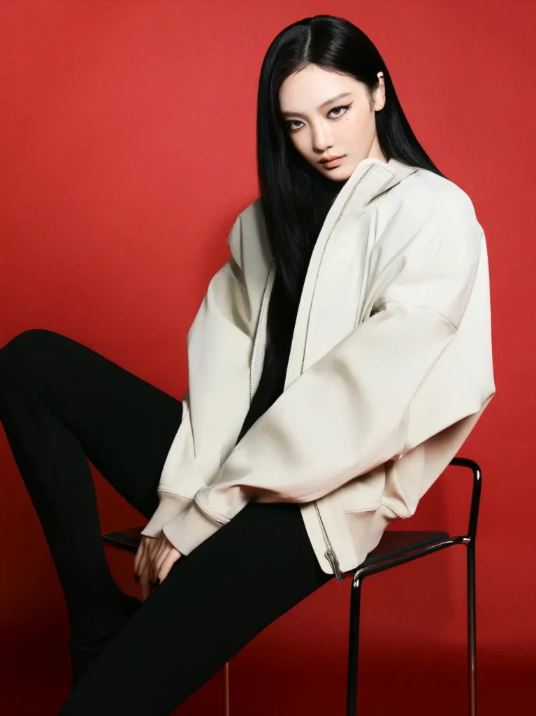 Ningning of aespa seated on a minimalist chair against a vivid red backdrop, wearing an oversized beige jacket and black fitted pants, showcasing a sleek, high-fashion editorial look